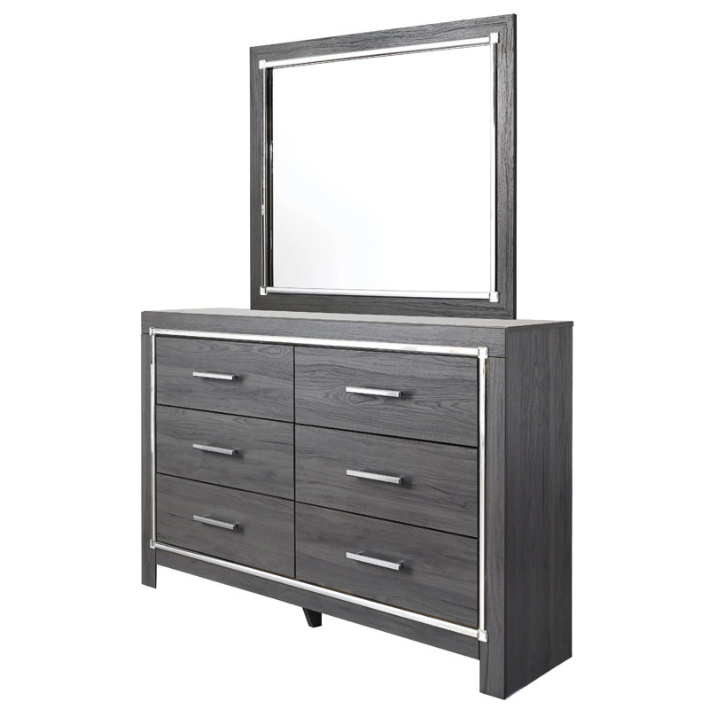 Leva 2Pc Dresser And Mirror Set, 6 Drawers W Chrome Handles, Dark Gray