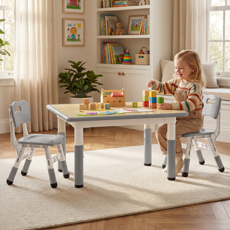 Ensemble de table et de chaises à hauteur réglable pour enfants avec surface facile à nettoyer, naturel, L 31,5 po, Gris