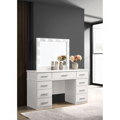 Sarah Glossy White 9-Drawer Vanity Desk