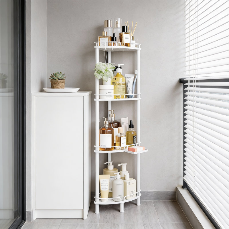 Serviteur de douche en coin à 4 niveaux avec porte-savon et pieds réglables, organisateur de douche en métal antirouille pour Callen en blanc
