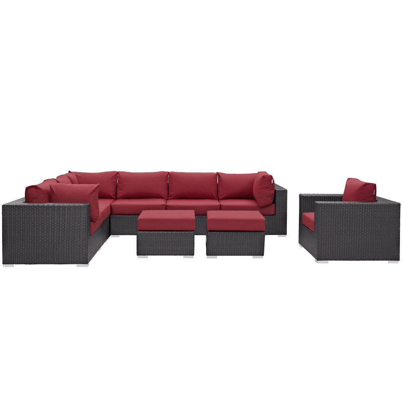 Modway Convene Wicker Rattan 9pc Outdoor Patio Sectional Sofa Furniture Set, Red