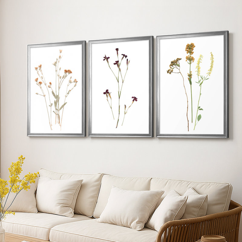Pressed Botanical I - Toile tendue avec châssis sur mesure - 3 pièces, Argent argent, H 19 po x l 27 po