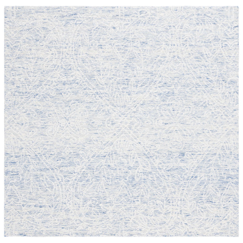 Blue and Ivory 6' Square Hand Tufted Wool Rug