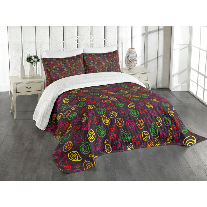 Ambesonne Fruits Bedspread Set  Apples Cherries Pears  Multicolor, King Coverlet / Bedspread + 2 Standard Shams