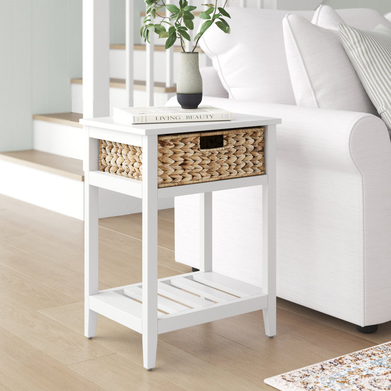 Walnut and Natural Accent Table with Woven Basket, White