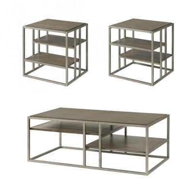 Ensemble de tables basses et de bout modernes 3 pièces avec structure en métal et plateau en bois