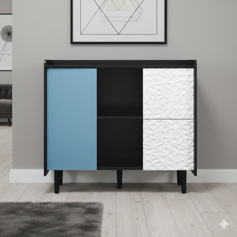 L'armoire-buffet à buffet, avec portes rouges, comprend deux tiroirs avec panneau distinctif et deux compartiments de rangement ouverts, un bar à café moderne ou une armoire d'appoint pour la cuisine et la salle à manger