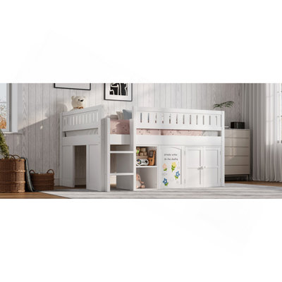 Full Size Loft Bed with Storage Cabinet and Chalkboard Panel, Natural
