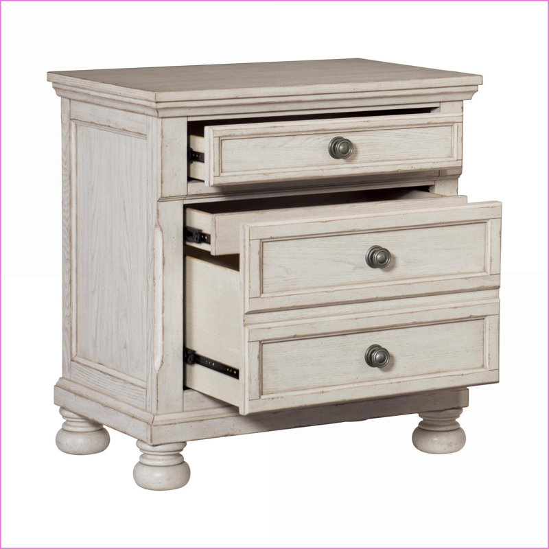 Table de chevet blanche brossée avec 2 tiroirs et plateau à bijoux en feutre - sans assemblage