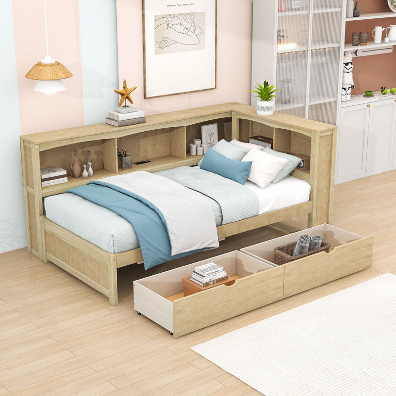 Twin Size Daybed, Built-In Storage, and Charging Station, Natural, Drawers