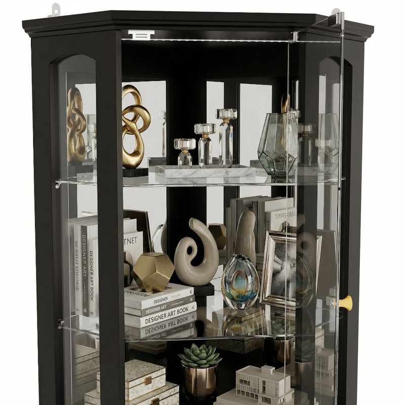 LED Corner Glass Display Cabinet With Remote, Black Finish, Gold Handles