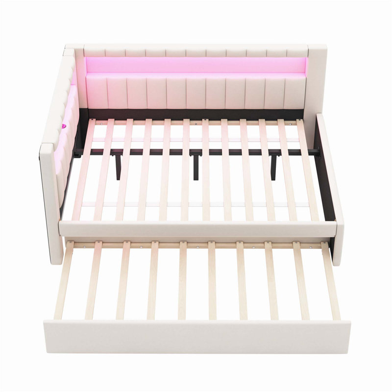 Lit plateforme tapissier pleine grandeur avec ports USB et ceinture à DEL, avec lit gigogne