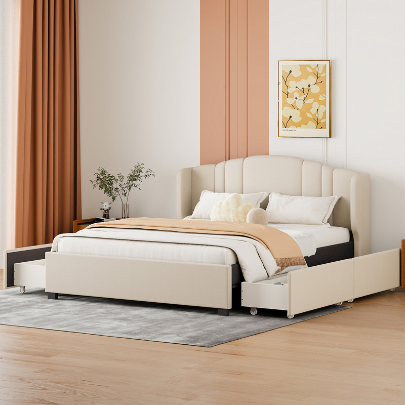 Aretin Upholstered Wingback Bed and 4 Drawers,Storage Bed,Platform Bed,Bed Frame, Beige