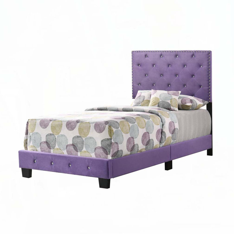 Lit rembourré en velours avec tête de lit capitonnée, Lit simple, Mauve