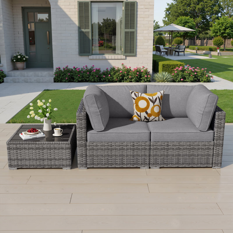 Canapé de patio modulaire en osier avec coussin et table basse, Dark Gray