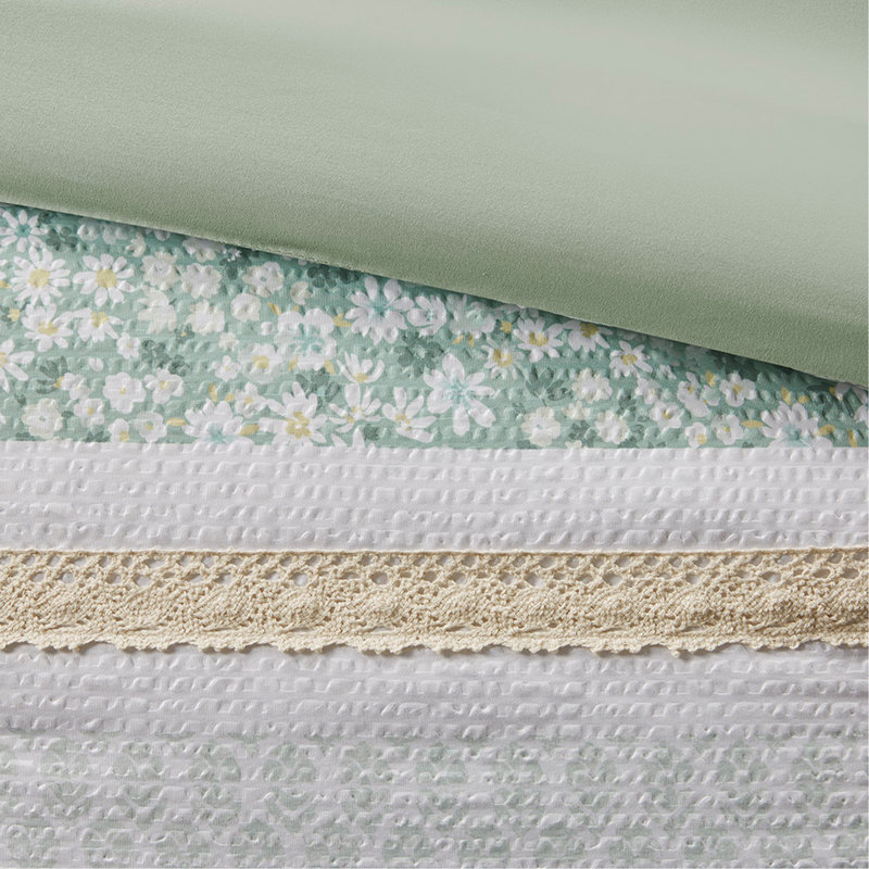 Full/Queen 5 Piece Seersucker Comforter Set With Throw Pillows, Full/Queen Comforter + 4 Additional Pieces , Green