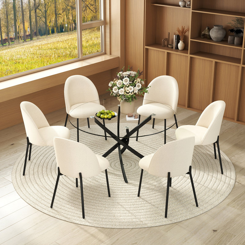 Modern Round Glass Dining Table Set With X-Shaped Metal Base And White Bouclé Upholstered Chairs With Black Metal Legs, Kitchen And Dining Room Furniture