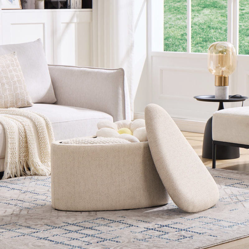 Anton 25.8" W Upholstered Asymmetrical Triangular Pebble Shaped Triangular Storage Ottoman, Beige Linen