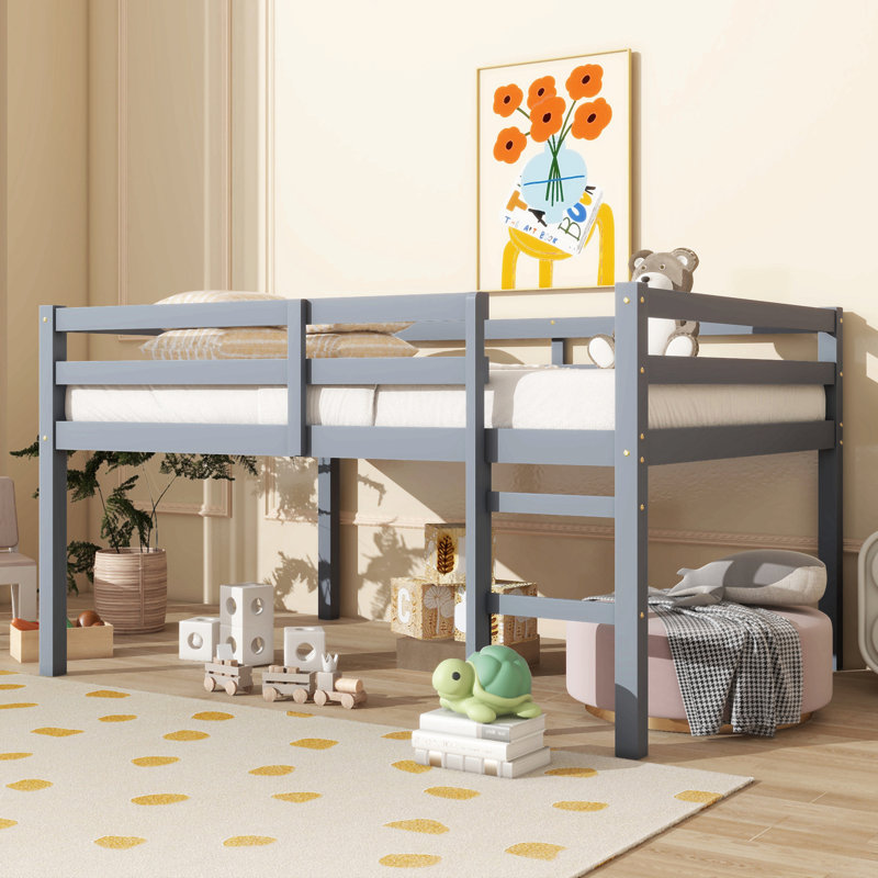 Lit mezzanine double en bois d'hévéa avec échelle, Gris