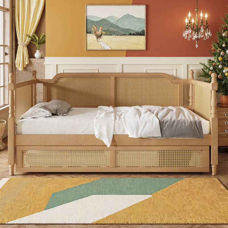 UnaFlora Twin\Full Size Trundle Daybed, Guest Room Space-Saver Solid Pine Frame & Rattan Bed, Full