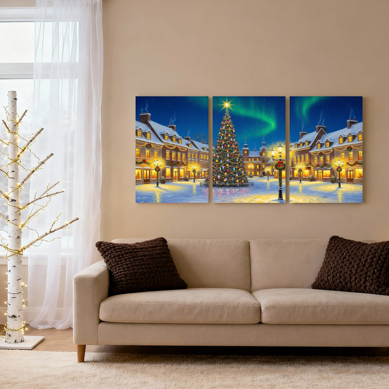 Ensemble de 3 tableaux sur toile représentant un village de Noël avec aurores boréales et sapin., H 36 po x l 72 po