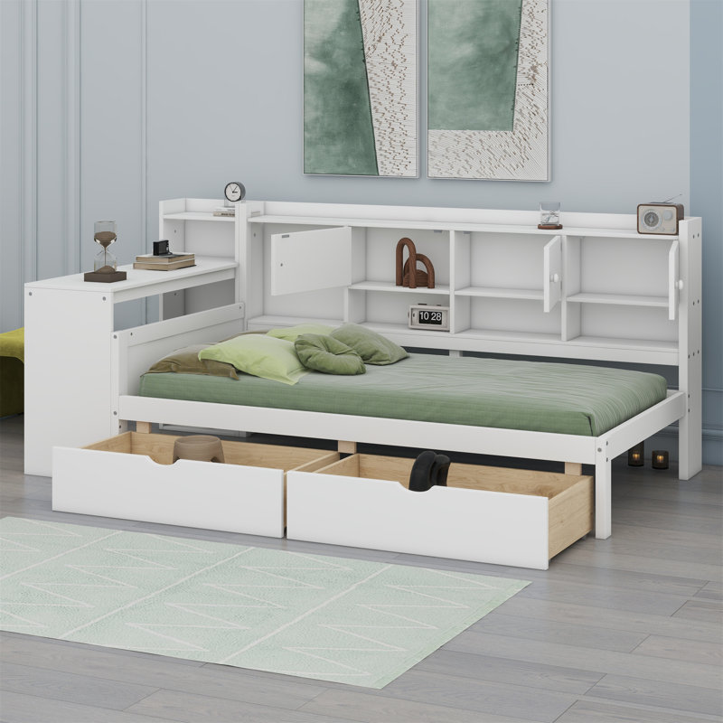 Wooden L-Shape Daybed With Storage Cabinets And Two Storage Drawers, Multi-Functional Bed With Study Desk And Built-In Bookshelf