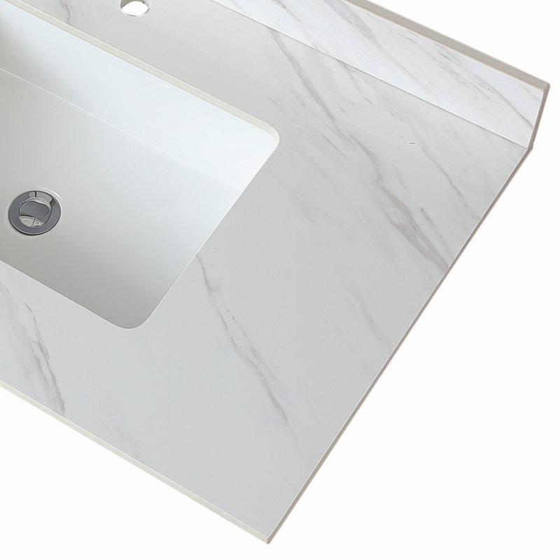 Dessus de meuble-lavabo en marbre, comptoir avec trous de robinet pré-percés, comptoir de salle de bain avec lavabo central encastré rectangulaire et Bianco Carrara Venato