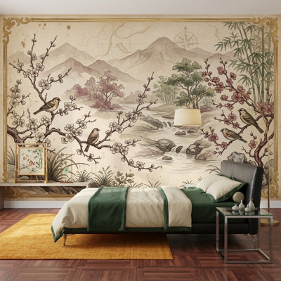 Asian Landscape Wallpaper Parchment Cherry Blossoms Wall Mural