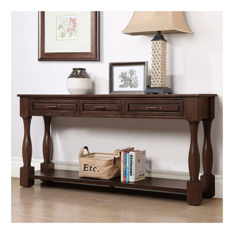 Console en bois de 63 pouces de long avec 3 tiroirs et 1 tablette inférieure pour le couloir d'entrée, Espresso