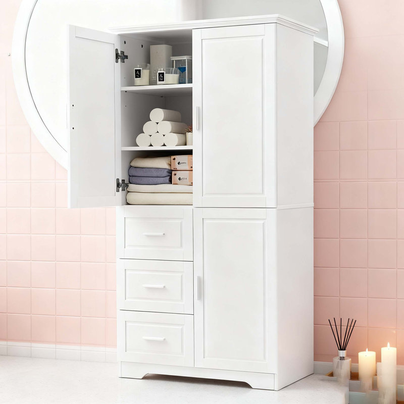Tall and Wide Storage Cabinet with Doors for Bathroom/Office, Three Drawers, White