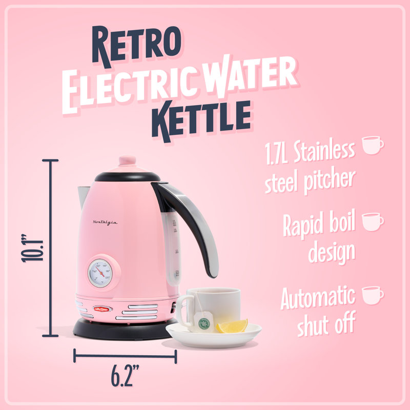 Nostalgie 1,7 pte Bouilloire électrique en acier inoxydable, Rose/noir