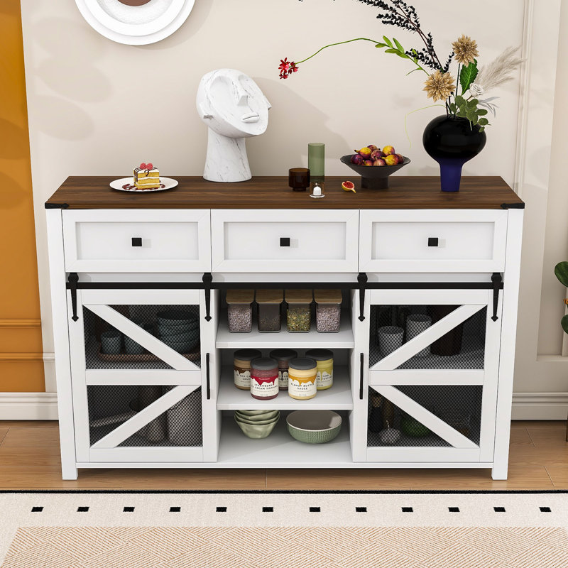 Buffet Modern Farmhouse avec porte de grange coulissante, tablettes réglables et tiroirs, Blanc
