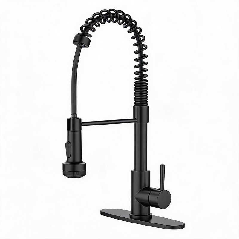 Robinet de cuisine à ressort 28 pouces en acier inoxydable noir mat avec douchette rétractable et 4 modes de pulvérisation