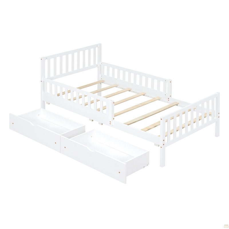 Lit plateforme simple en bois avec garde-corps des deux côtés et deux tiroirs de rangement, Lit simple, Blanc