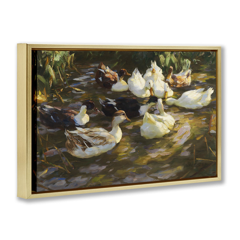 «Ducks in Flowing River» par CAD Designs, Cadre flottant métallique doré, H 17 po x l 25 po