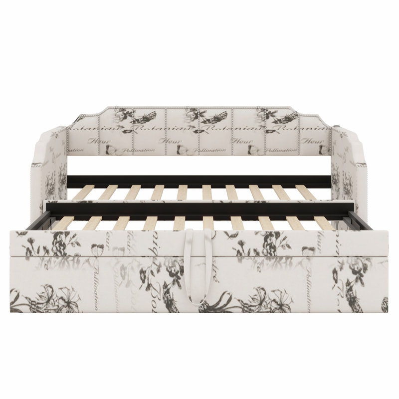 Lit de jour rembourré élégant avec lit gigogne escamotable et fonction de chargement USB, Imprimé botanique