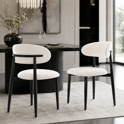Set of 2 Beige Upholstered Dining Chairs with Metal Legs and Curved Backrest for Kitchen and Dining Room
