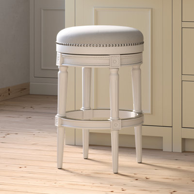 Pivotant en bois sans dossier de 31 pouces avec siège à 360 °, hauteur personnalisable, garniture cloutée appliquée à la main, repose-pieds en métal, rembourré blanc et gris, idéal pour les îlots de cuisine et les bars à la maison Tabouret de bar de 31 po
