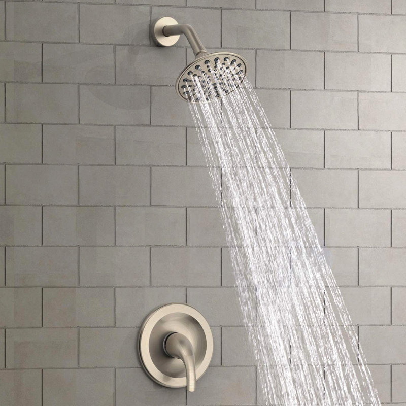 Single Handle 6 - Functions Wall Mounted Shower With Included Rough In Valve, Adjustable Joint For 360 Movement, Spray Holes, Lever Temperature Regulation, Brushed Nickel Plastic Body Faucet