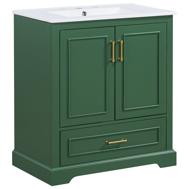 Meuble-lavabo de 30 po avec lavabo en céramique, 1 tiroir séparateur, 2 portes à fermeture en douceur, 2 tablettes sur porte, 1 porte autoportante, 1 cuve, finition, efficace