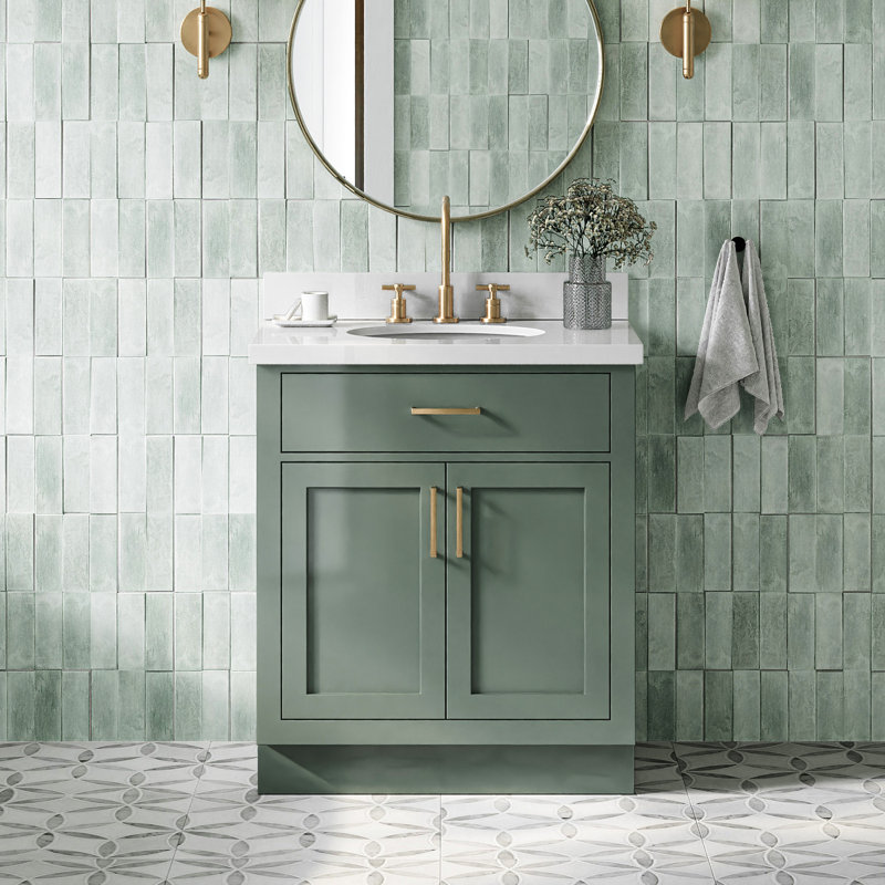 Meuble-lavabo simple en bois massif 30 po Occhipinti avec plateau en quartz 1,5 po, Ovale, Vert rétro / laiton satiné
