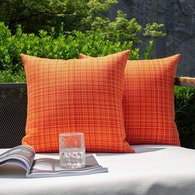 Orange Set Of 2 Waterproof Textured Woven Throw Pillow covers– Outdoor & Indoor 18"x18", Orange, Square 18"