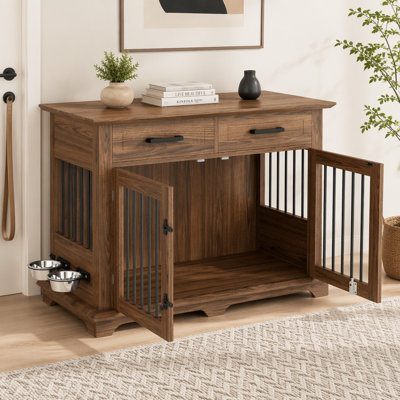Accent Cabinet, Dog Crate Furniture, Indoor Wooden Dog Kennel with Storage Drawers and Rotating Bowls for Medium Dogs