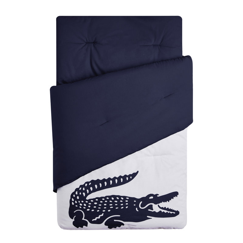 Lacoste Crew Twin Size 3-Piece Comforter Set, Premium Cotton Percale Cover with Microfiber Fill with Decorative Pillow, Navy