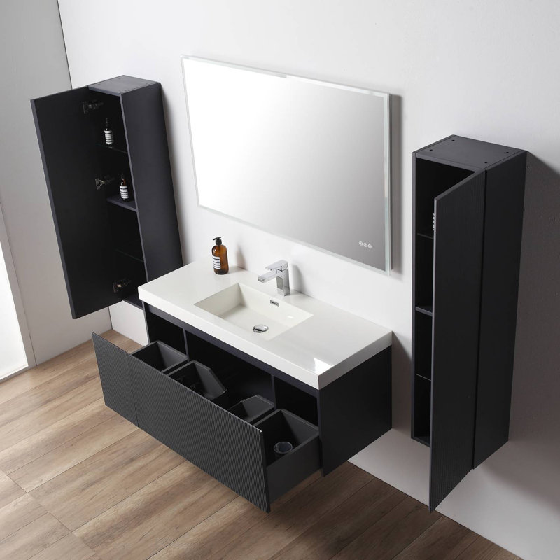 Meuble-lavabo mural de 48 po avec lavabo simple en acrylique et 2 armoires latérales Bejhorn, Bleu nuit