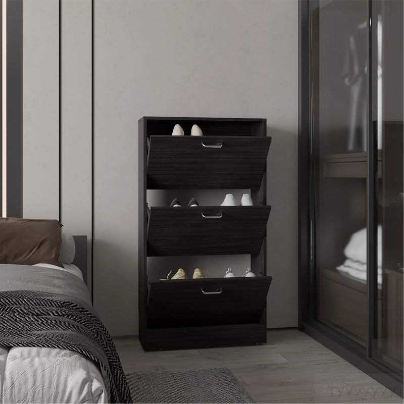 Range-chaussures, 3 portes, 3 tablettes, wengé noir, Noir
