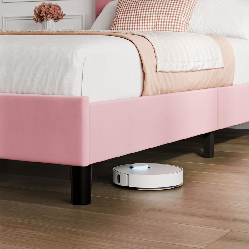 Bed Frame With Headboard Adjustable, Velvet Upholstered  Platform Bed With Headboard, Twin, Pink