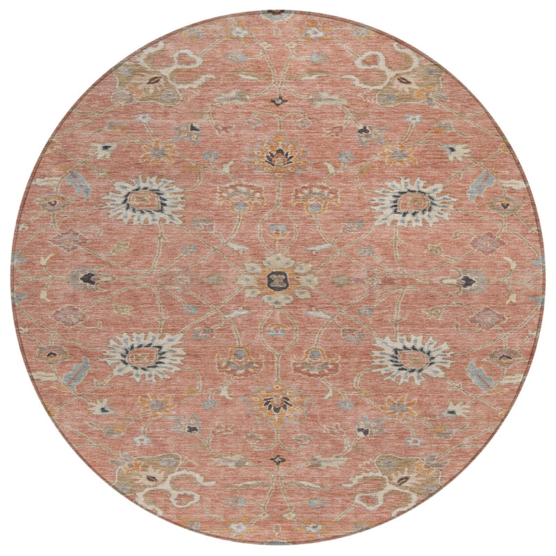Tapis d'intérieur rond lavable floral 8 pi rose et gris