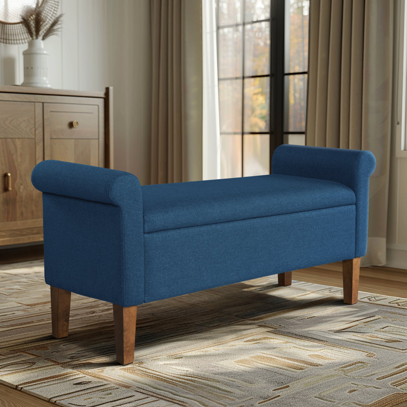 Aubrey Blue Upholstered Storage Bench with Walnut Wood Legs