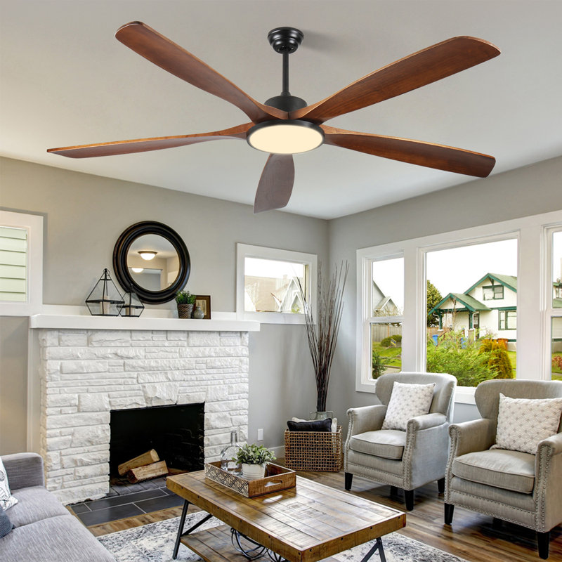 Ventilateur de plafond en bois à 5 pales, grand format, avec éclairage DEL et télécommande., Bois réversible de 72 pouces
